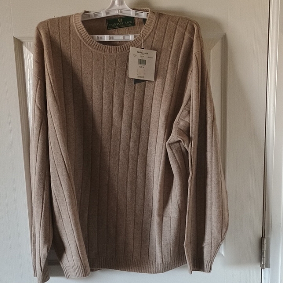 Embassy Row Two Ply Cashmere Tan Ribbed Crew Neck Sweater Relaxed Fit - Picture 1 of 14